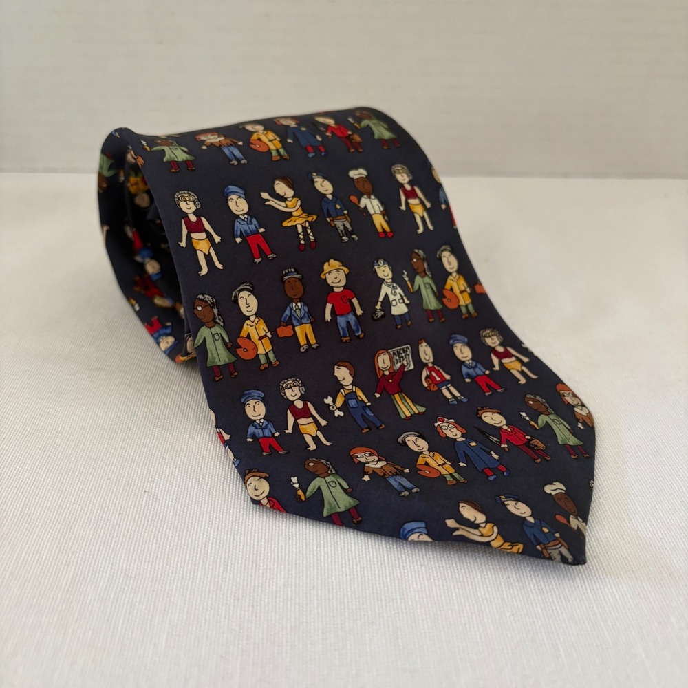 Save the Children Mens Silk Tie Navy Blue People Occupations Print Made in USA